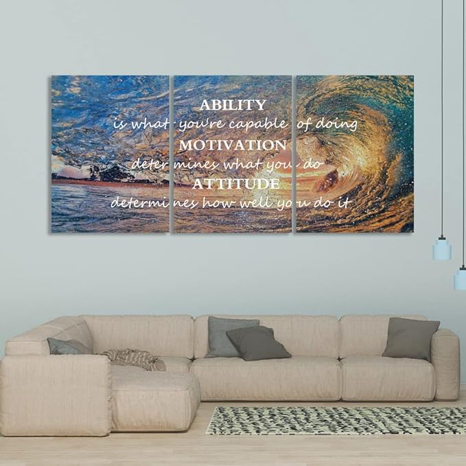 Unbruvo Motivational Wall Art for Office, 3 Pieces Canvas Painting with Inspirational Quotes, Ability Motivation Attitude Prints for Living Room Bedroom Study Room Decor(60" Wx28 H)