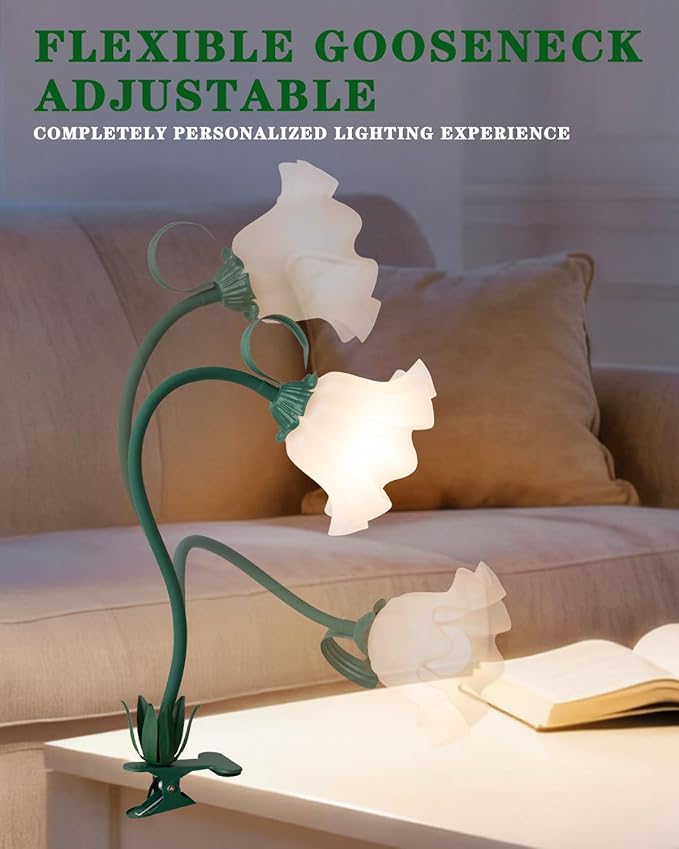 Green Clip on Light, 3 Color Modes Eye-Caring Flower Desk Lamp with Clamp, Dorm Room Essentials, Flexible Neck Reading Clamp Lamps for College Bedside Bookshelf Studying Room (Dark Green)
