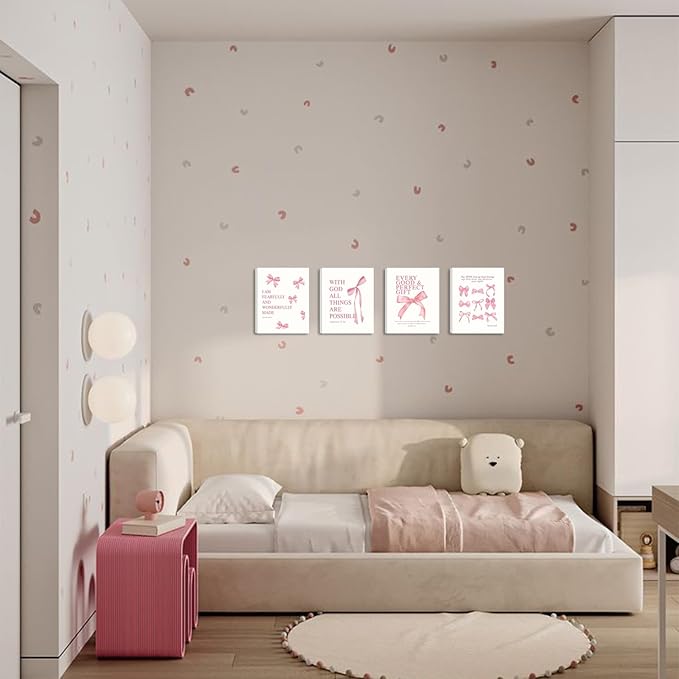 SEHSUVC Coquette Pink Bow Bible Verse Wall Art Set of 4, Christian Scripture Inspirational Canvas Prints, Cute Girly Preppy Aesthetic Religious Wall Decor for Bedroom Nursery Living Room Home 8x10In Framed