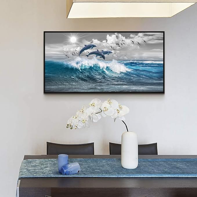 Black Framed Wall Decor For Living Room Large Size Canvas Wall Art For Bedroom Blue Waves Of The Sea Pictures Artwork Office Decorations Canvas Art Print Dolphins Wall Paintings Ready To Hang