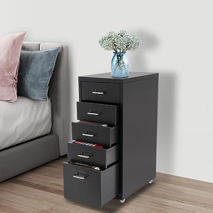 5-Drawers Metal File Cabinet, Freestanding Office Vertical File Cabinets, Storage Cabinet with Buckles and Handles, Mutifuctional Tool Cabinets for Kitchen, Bedroom, Living Room (Black)