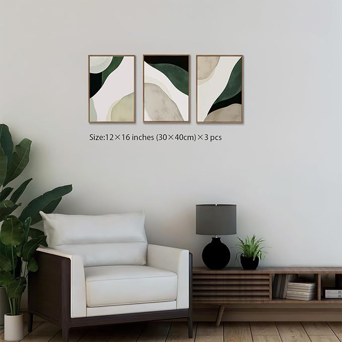 myusuar 3 Piece Large Modern Abstract Canvas Framed Wall Art For Living Room, Green Black White Minimalist Wall Art Decor Posters Prints For Bedroom Office 12x16in
