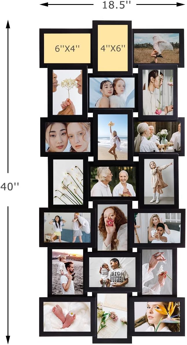 J.M.Deco Collage Picture Frames Wall Deacor, 21-Opening Large Family Picture Frame, Memory Photo Frames for Homie, Gallery Puzzle Collage Wall Hanging for 4x6, Black