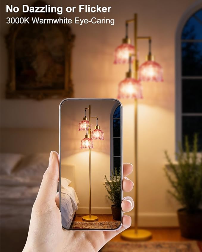 Gold Floor Lamps for Living Room, 3-Light Dimmable Floor Lamp with Rose Red Glass Shade& E12 Bulbs Included, 65'' Mid Century Tall Standing Lamp for Bedroom/Sofa Beside/Corner Decor