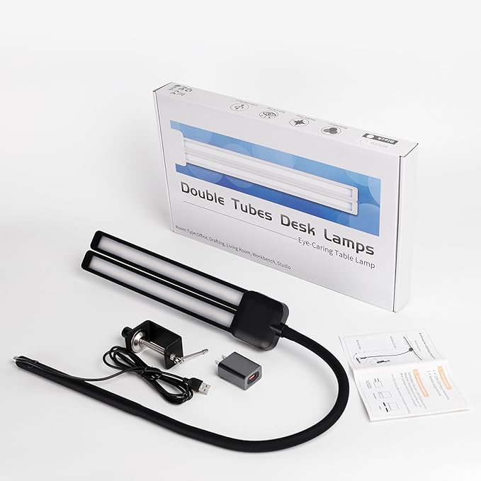 LED Desk Lamp with Two Heads, Clamp On Desk Lamps, 12W, 2000 LMS, CRI>90, 5 Color Modes (2700K-6500K), Various Brightness Levels, Adapter Included