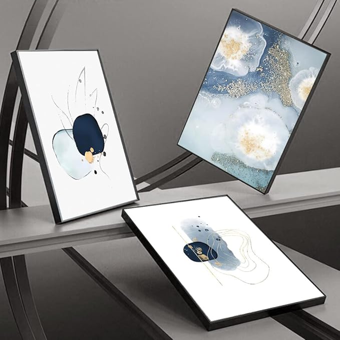 3 Framed Abstract Canvas Wall Art, Artwork in Blue, White and Grey, Simple and Elegant for Living Room Bedroom Office Decor 16" x 24" x 3 Pieces