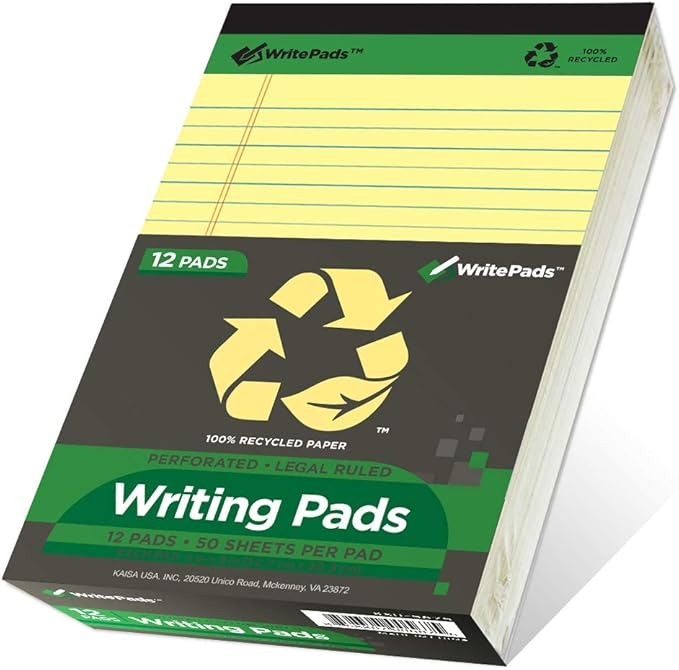 KAISA Yellow Legal Pads 12Pads 600 Sheets Writing Pads Recycled Paper 5"x8" Norrow Ruled Lined Paper Small Legal pad Perforated 50 sheets/pad Notepads Writing Tablet Canary For Office Supplies (Canary 12pads)