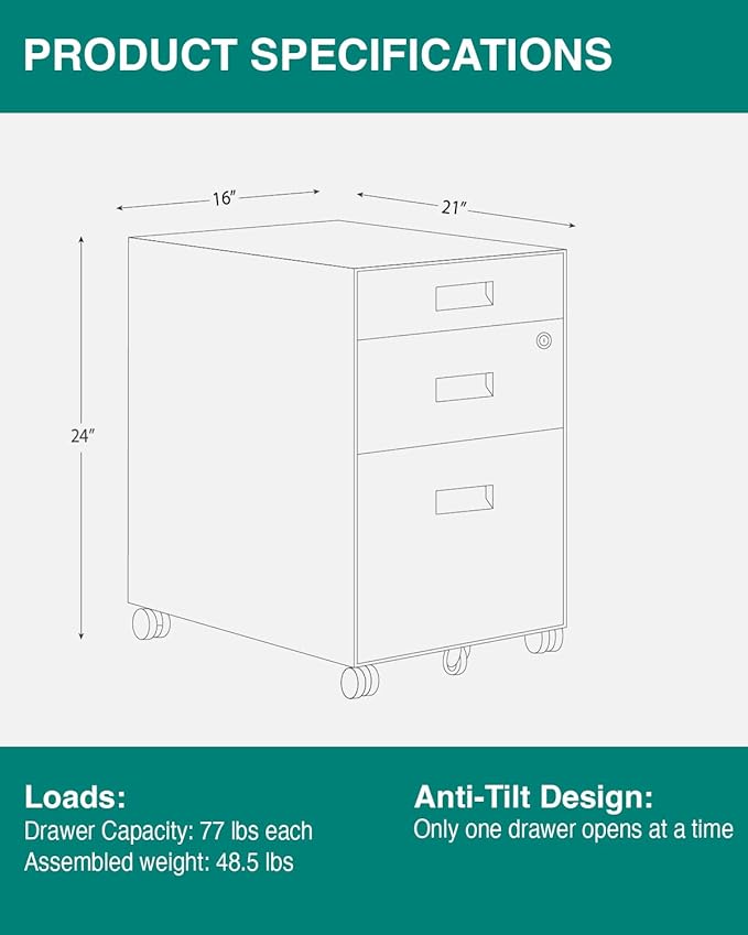 3 Drawer File Cabinet with Lock - Under Desk Metal Filing Cabinet, Legal/Letter File Folders, Wheels, Fully Assembled, White/Gray