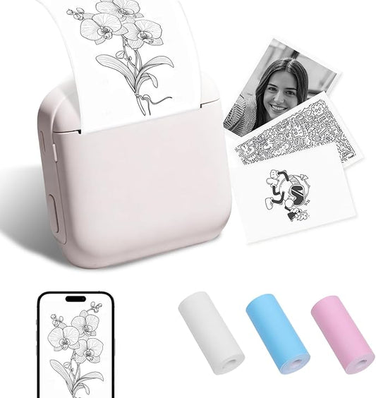 Mini Sticker Printer, Portable Bluetooth Inkless Thermal Label Maker with 3 Rolls Paper, Rechargeable Sticker Print Pod for Journaling, Notes, DIY Crafts, Home & Office