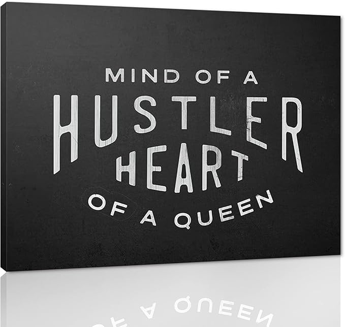 Mind Of A Hustler Heart Of A Queen - Inspirational Contemporary Entrepreneur Quotes Canvas Wall Art Black and White Motivational Framed Artwork HD Print Easy to Hang-24 Wx18 H