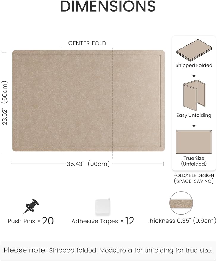 Fluxynara Bulletin Board, 35.4" x 23.6" Cork Board Alternative with 12 Safe Removable Adhesive Tabs, Foldable Felt Pin Board for Home Office, Classroom, Bedroom,Entryway for Walls— Taupe