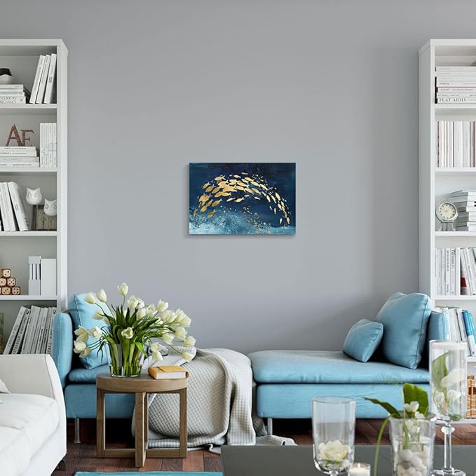 Wall Art Canvas Abstract Ocean Art Paintings Golden Fish Dancing in Blue Sea Modern Artwork Decor for Living Room Bedroom Kitchen 24x16in