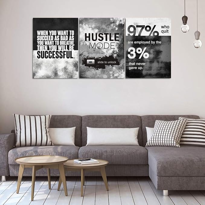 Motivational Office Wall Decor, Inspirational Canvas Wall Art, 3 Pieces Hustle Posters Prints Entrepreneur Success Quote Wall Decor for Lobby Meeting Room Hallway Living Room(60”Wx28”H)