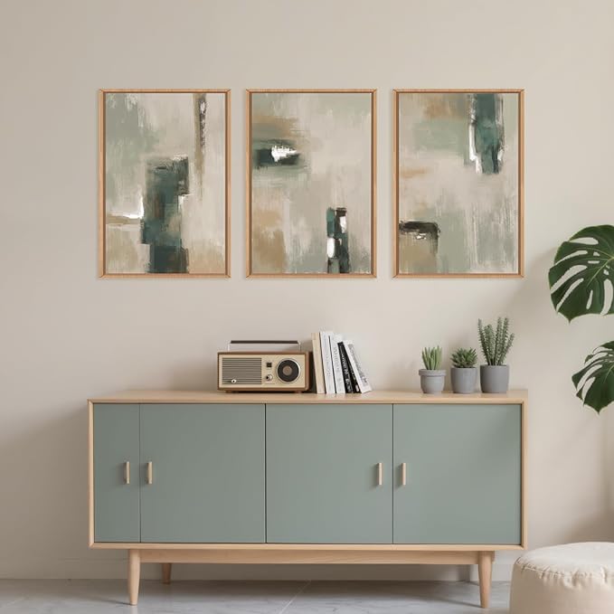 Large Abstract Green Brown Framed Canvas Wall Art,Modern Brush Stoke Wall Decor,Neutral Beige Grey Painting,Rustic Minimalist Artwork for Living Room,Bedroom,Dining Room,Office -16"x24"x3