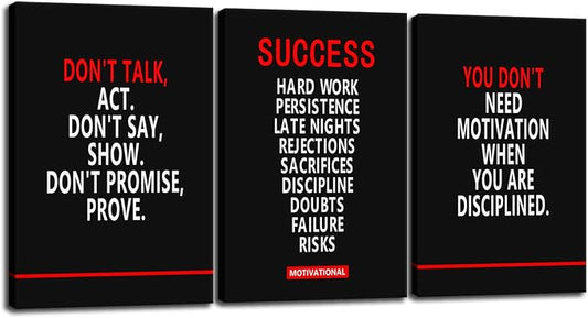 Inspirational Poster Office Decor Motivational Wall Art 3 Pieces Canvas Prints Artwork for Living Room Gym Modern Home Decor Painting Pictures Stretched and Framed Ready to Hang[48''Wx 24''H]