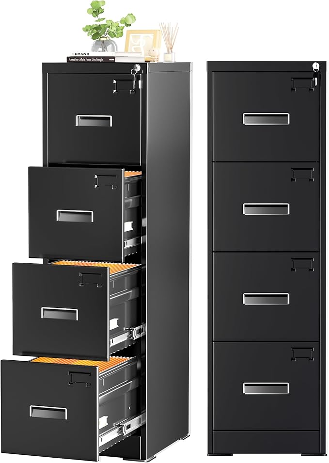 Incbruce 4 Drawer File Cabinet, Metal File Storage Cabinet with Lock, Vertical Filing Cabinet with Adjustable Hanging Frame for Home Office, Easy Assemble (Black)