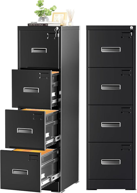 Incbruce 4 Drawer File Cabinet, Metal File Storage Cabinet with Lock, Vertical Filing Cabinet with Adjustable Hanging Frame for Home Office, Easy Assemble (Black)