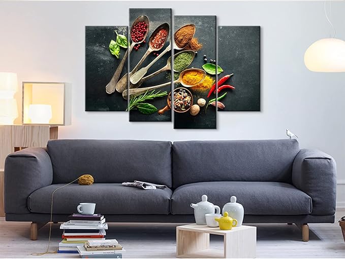 4 Modern Kitchen Canvas Wall Art - Spices Poster, Dining Room Wall Decor (48''W x 32''H)