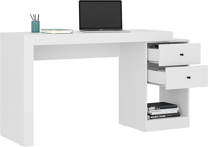 Expandable Desk with Storage Drawers & Open Shelf - Expands from 47 Inch to 57 Inch - White Computer Desk with Printer Space - Modern Home Office Table with Drawers - Techni Mobili Blanco Collection