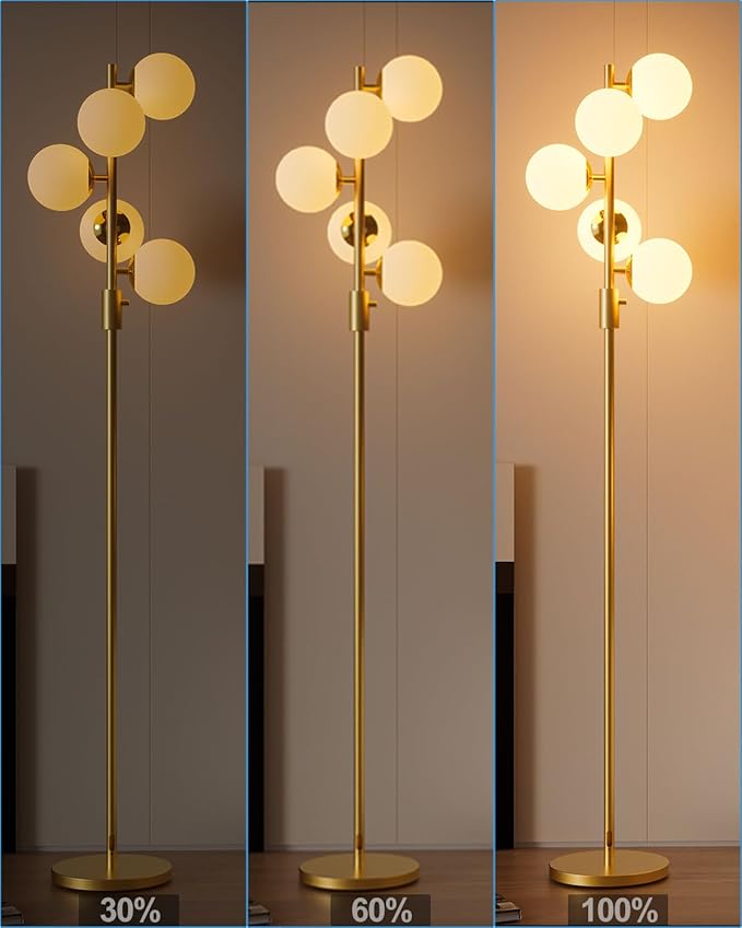 Dimmable Gold Globe Floor Lamp, 64IN Tall Standing Lamps with 5 Globe Soft Warm White Eye Care 3000K G9 Bulbs, Mid Century Modern Floor Lamp for Living Room Bedroom Sofa Beside Home Decor