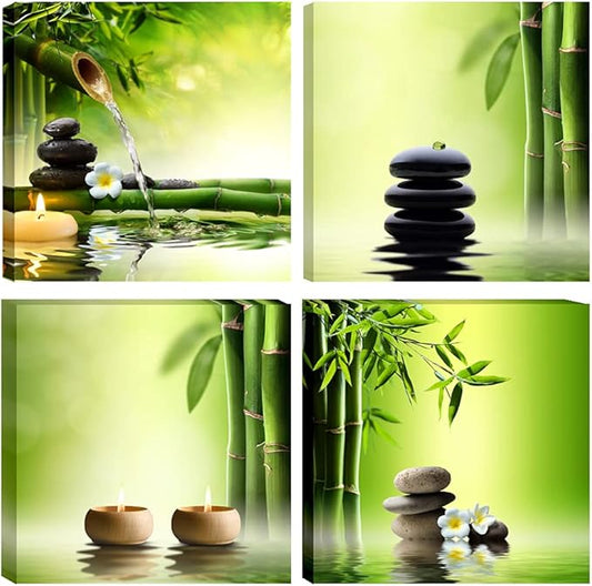 Pyradecor 4 Panel Perfect Bamboo Green Pictures Paintings on Canvas Prints Wall Art Large Modern Gallery Wrapped Zen Artwork for Living Room Bedroom Home Office Decorations 50x50cmx4pcs