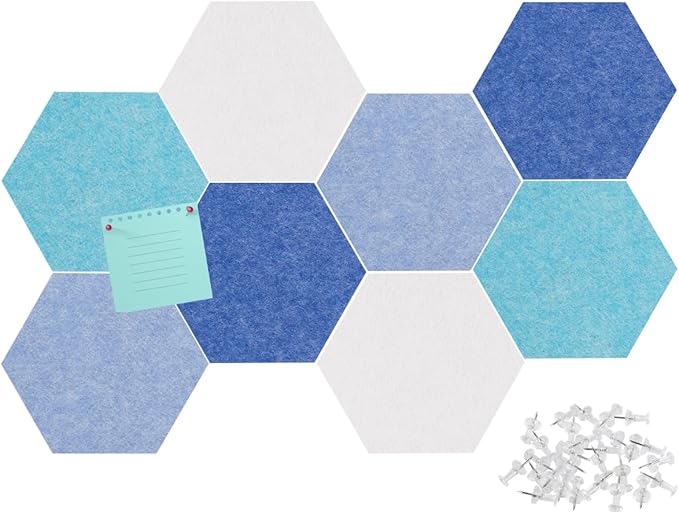 Felt Bulletin Board Tiles, 8 Pcs Hexagon Wall Tiles with Removable Adhesive, 7.9×6.9 Inch Cork Pin Board for Classroom, Home, Office (Set E, Middle)