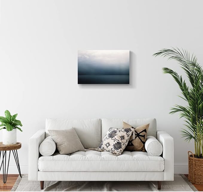 Large Canvas Wall Art Modern Abstract Art Paintings Green Mountains Blue Sea Under the Grey Sky Scenery Framed Artwork Pictures for Living Room Bedroom Hallway Wall Decor 24x16in