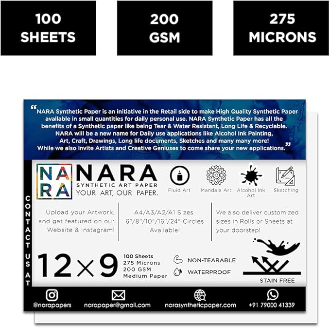 NARA Alcohol Ink Paper | White | 12 inches x 9 inches (12”x9”) | 275 microns/200 GSM | 100 Sheets| Medium Paper | Paper for Alcohol Ink Art Painting | 100% Stain-Free