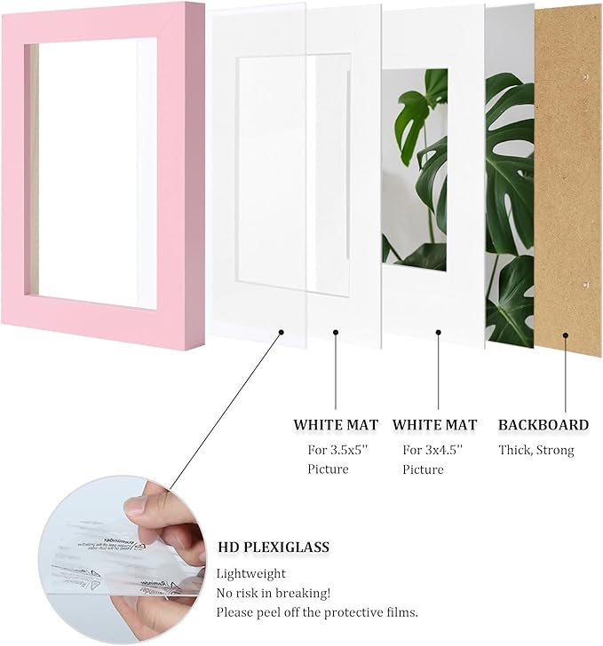 Egofine 4x6 Picture Frames with Plexiglass, Display Pictures 3x4.5 and 3.5x5 with Mat or 4x6 Without Mat Set of 4 for Tabletop and Wall Mounting, Pink