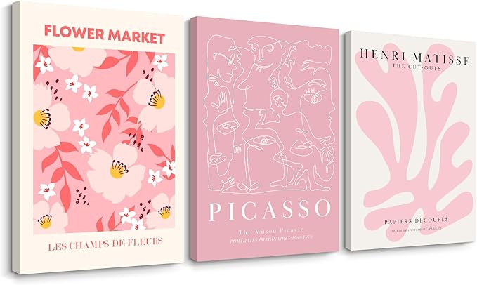 Matisse Abstract Wall Art Decor Pink Flower Canvas Pictures Picasso Aesthetic Wall Art Henri Matisse Prints Poster Abstract Flower Painting Market Artwork for Bedroom 12x16 Inch Framed Set of 3
