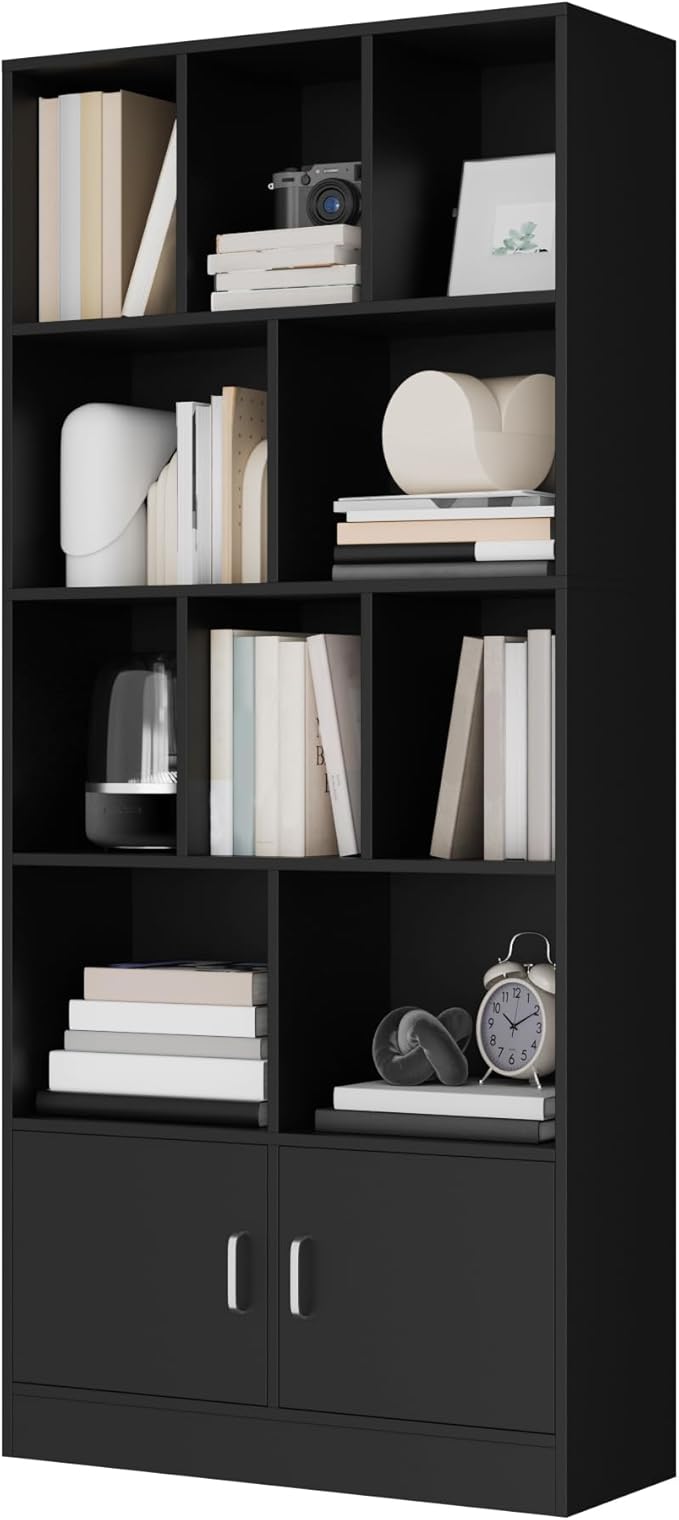 Cozy Castle 70" Tall Black Bookshelf with 12 Cubes and 2 Doors, 4-Tier Open Shelf Bookcase with Cabinet, Modern Cube Storage Organizer for Living Room, and Office