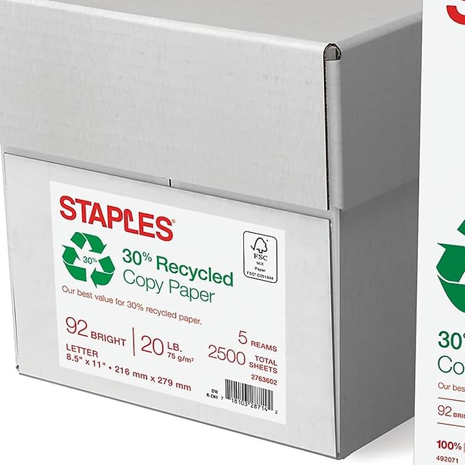 Staples 30% 8.5 x 11-Inch Copy Paper, 20 lbs., 92 Brightness, 500 Sheets/Ream, 5-Ream/Carton