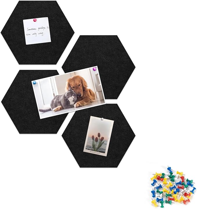 4 Pack Hexagon Felt Bulletin Board Tiles - 11.8" Large Thick Pin Board for Walls with 30 Push Pins, DIY Boards for Office Home School Decor, Aesthetic Hex Cork Board Alternative