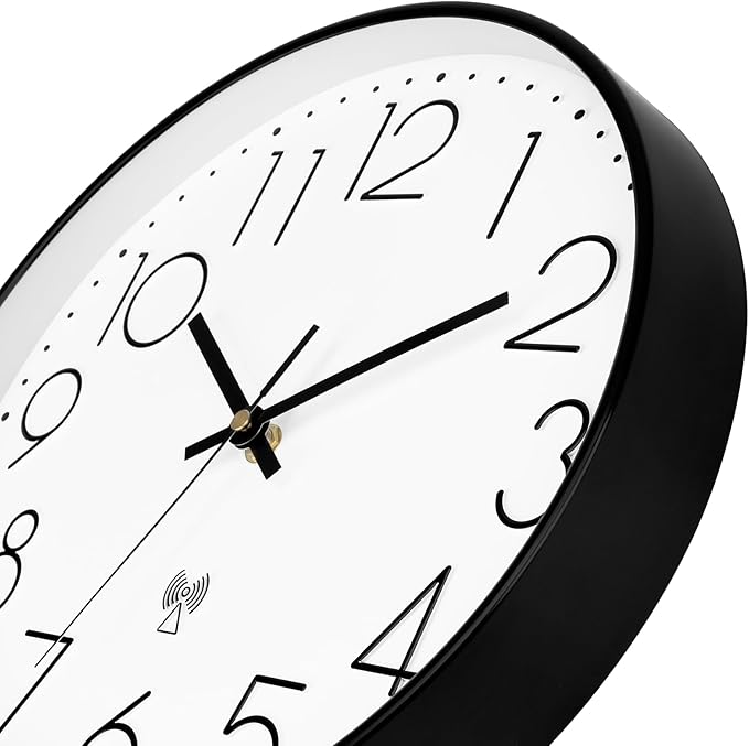 Foxtop Atomic Wall Clock Battery Operated Round Analog Modern Black Wall Clock Sets Automatically for Office Classroom Bedroom Kitchen Living Room