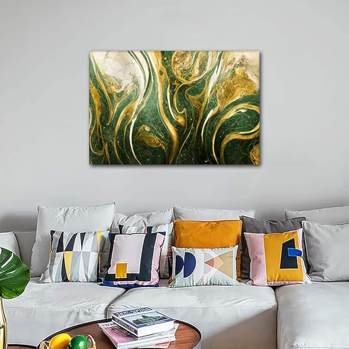 Marble Art Canvas Wall Art 1 Panel Abstract Wall Decor Gold and Blue Design Art Poster Prints on Canvas for Native Americans Living Room Home Wall Decor Stretched and Framed Ready to Hang 36x24 in