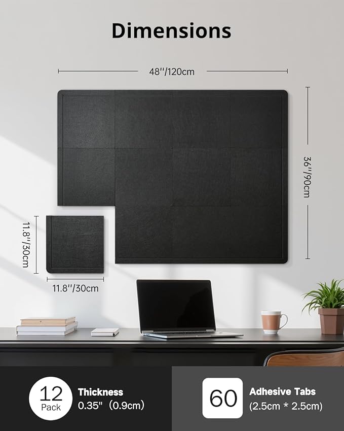 Bulletin Board, 48 x 36 inches Cork Board Alternative, 12 Pack 12"X12"X0.4" Felt Pin Boards for Walls Home Office Decor, Classroom with 60 Adhesive Tabs Black