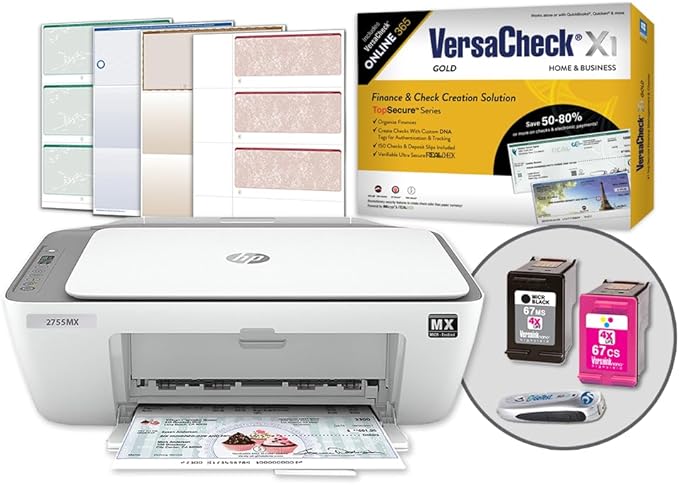 VersaCheck HP Deskjet 2755 MX MICR All-in-One Check Color Printer Gold Check Printing Software Bundle, White (2755MX)