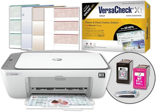 VersaCheck HP Deskjet 2755 MX MICR All-in-One Check Color Printer Gold Check Printing Software Bundle, White (2755MX)