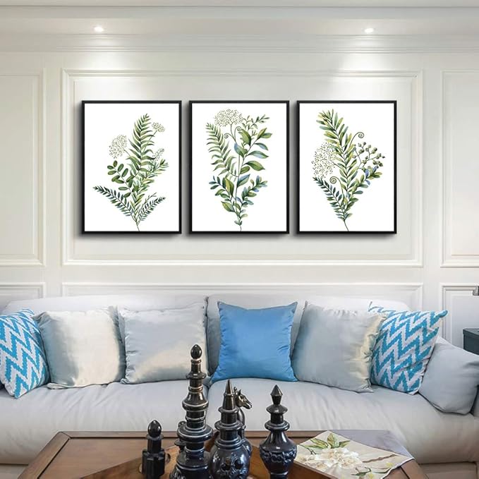 AHUASJART Green Leaves Poster Wall Paintings Black Framed Wall Art For Living Room Office Wall Decorations Kitchen Wall Decor large Canvas Print Decor Modern Simple Bedroom Home Decoration 3 Pieces