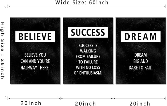 Set of 3 Inspirational Wall Art, Believe Success Dream Positive Quotes Canvas Painting Black Office Picture Artwork Motivational Wall Decor Entrepreneurs Poster for Living Room Bedroom Home, 20"x28"x3