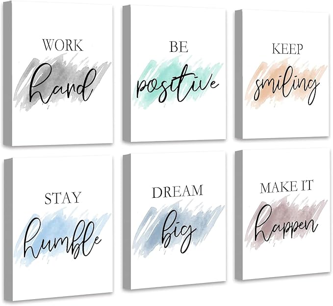 Framed Canvas Wall Art Set of 6 for Bedroom Living Room Wall Decor, Motivational Wall Decor Inspirational Office Wall Art Quotes for Living Room, 8x10 Inch
