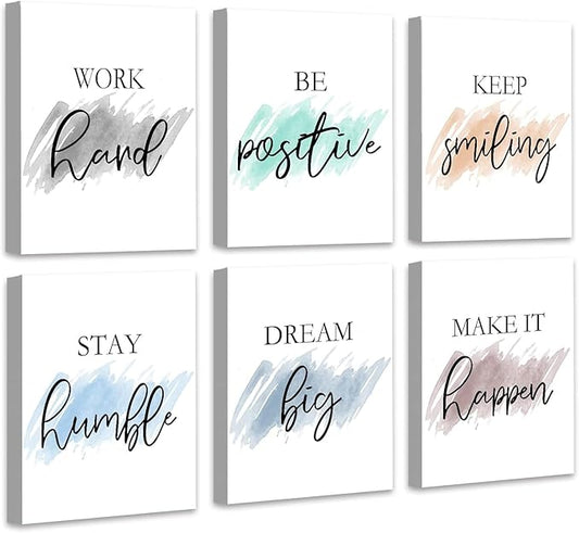 Framed Canvas Wall Art Set of 6 for Bedroom Living Room Wall Decor, Motivational Wall Decor Inspirational Office Wall Art Quotes for Living Room, 8x10 Inch