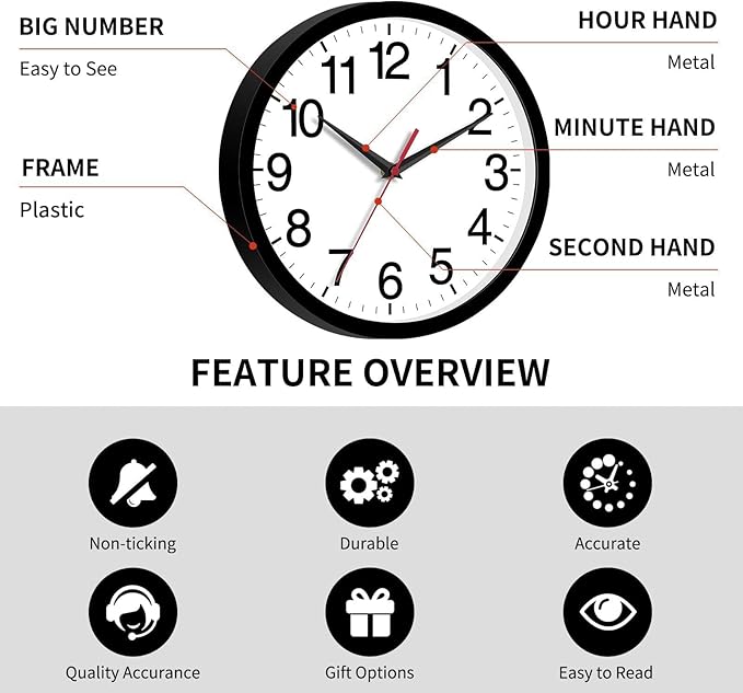 14 Inch Wall Clock Modern Battery Operated Silent Non Ticking Large Analog Clock for Living Room Office Home Bedroom Kitchen Bathroom(Black)