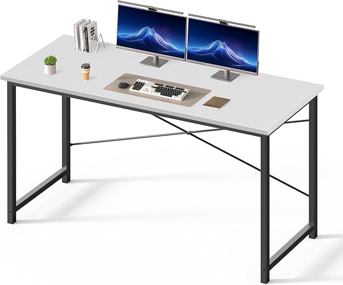 DUMOS 55 Inch Small Computer Desk for Home Office, Modern Study Work Table Simple Style for Bedroom, Writing Desks with X-Shaped Reinforcement, Wood White