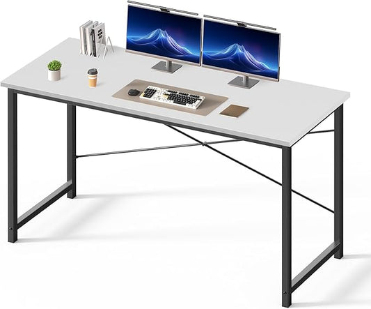 DUMOS 55 Inch Small Computer Desk for Home Office, Modern Study Work Table Simple Style for Bedroom, Writing Desks with X-Shaped Reinforcement, Wood White