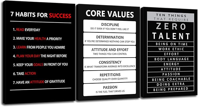 Core Values Inspirational Canvas Wall Art 3 Pieces Poster Motivational Ten Things That Require Zero Talent Canvas Artwork Picture Print Framed for Home Office Living Room Gym Wall Decor [60''Wx 28''H]