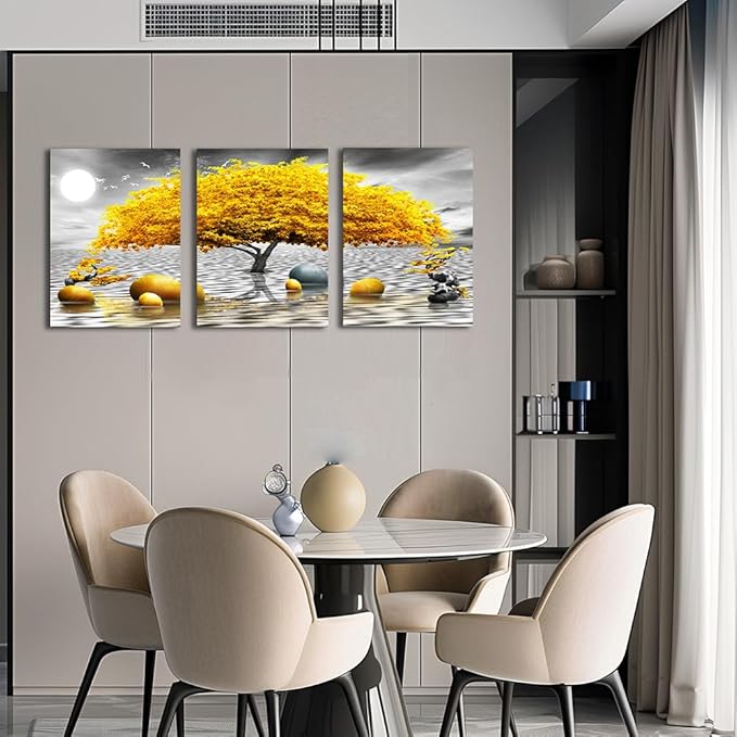 Wall decorations for living room Canvas Wall Art for bedroom Abstract wall decor Black and white Canvas Art Yellow tree paintings bathroom Home Decoration 3 Piece Hang Pictures Office Wall Artworks