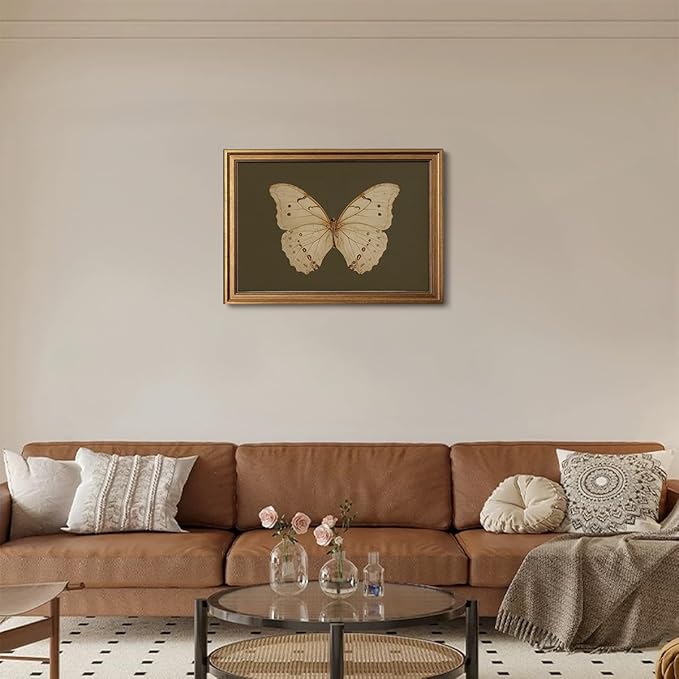 Gold Framed Wall Art Vintage Butterfly Canvas Wall Art White Butterfly Moody Insect Artwork Prints Picture for Living Room Bedroom Farmhouse Bathroom Office Decor, 12x16