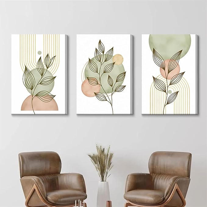 3Pcs Framed Sage Green Boho Canvas Wall Art Modern PinkBotanical Posters Print Abstract With Leafr Pictures Wall Decoration For Living Room Bedroom Bathroom