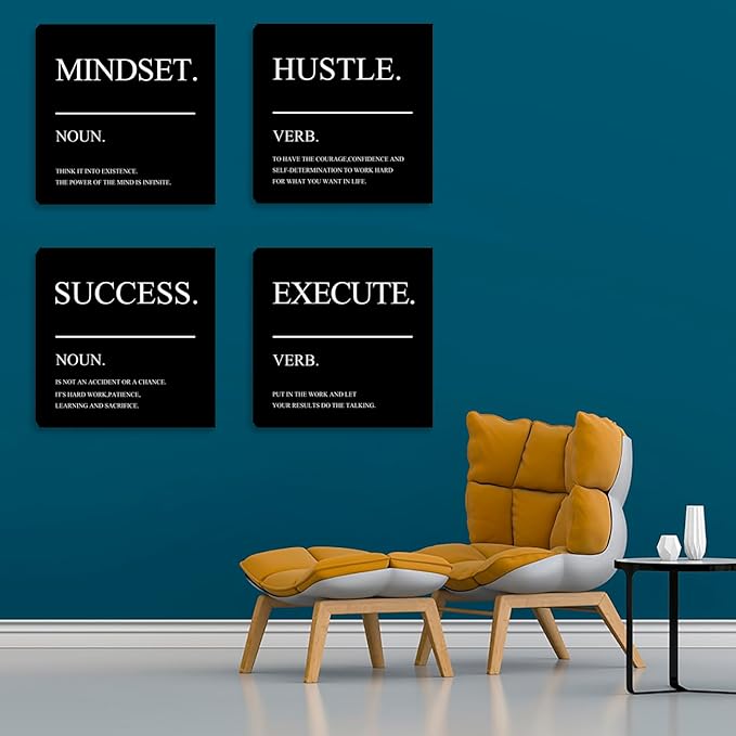 Framed Motivational Wall Art for Home Office - Inspirational Hustle Canvas - Mindset Decor for Living Room, Bedroom, Men's Office - 12"x12"x4PCS